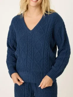 The Chenille Cable V-Neck in Midnight