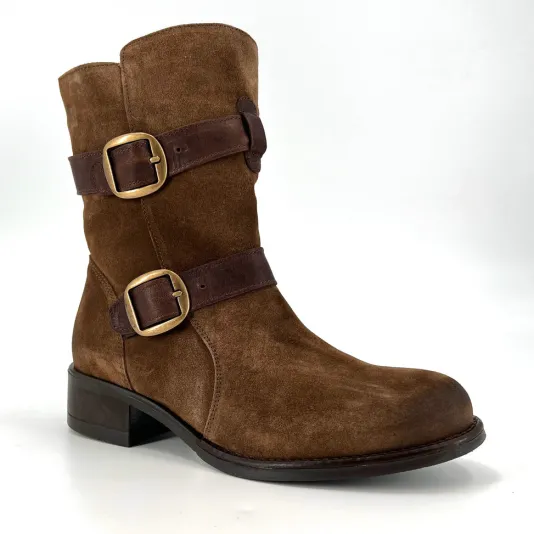 The Double Belt Moto Bootie in Brown