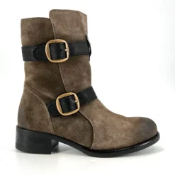 The Double Belt Moto Bootie in Grey Black