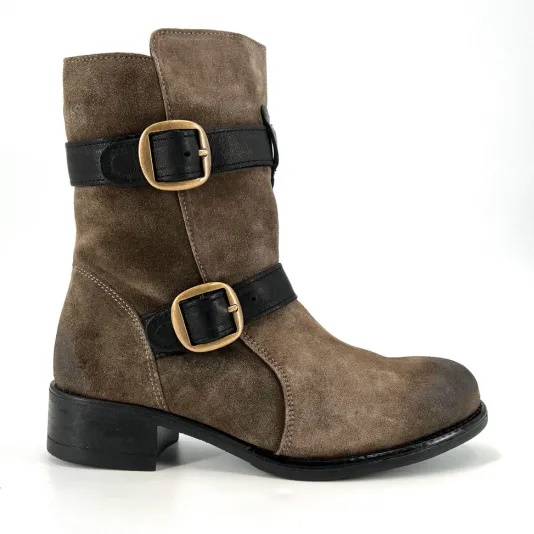The Double Belt Moto Bootie in Grey Black