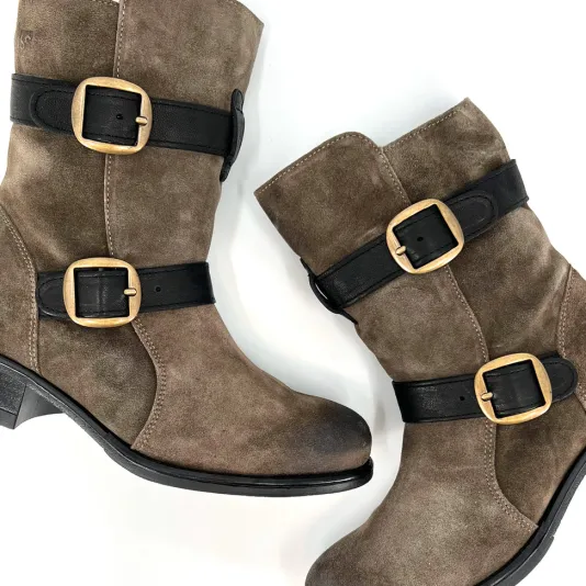 The Double Belt Moto Bootie in Grey Black