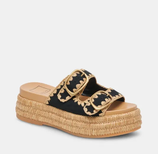 The Dual Buckle Sandal With Crochet Trim in Black