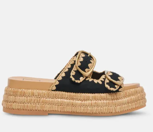 The Dual Buckle Sandal With Crochet Trim in Black