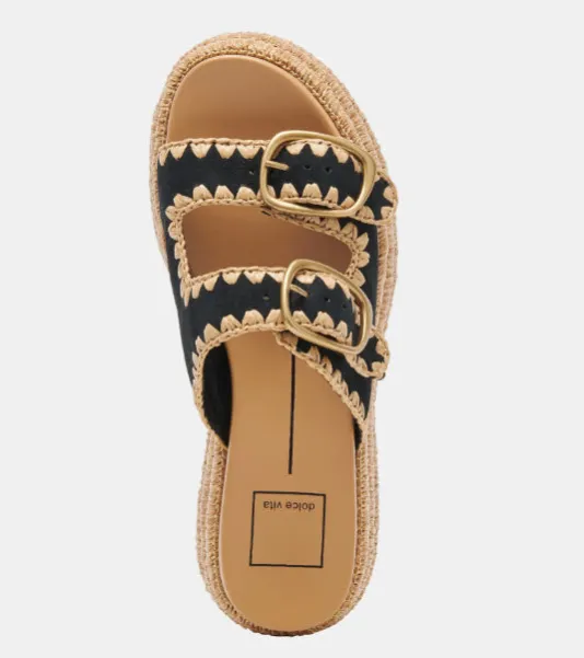 The Dual Buckle Sandal With Crochet Trim in Black