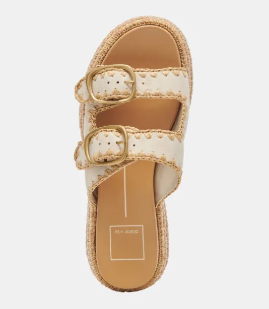 The Dual Buckle Sandal With Crochet Trim in Sand