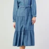 The Long Sleeve Button Front Midi Dress in Chambray