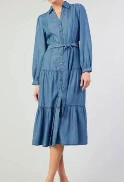 The Long Sleeve Button Front Midi Dress in Chambray