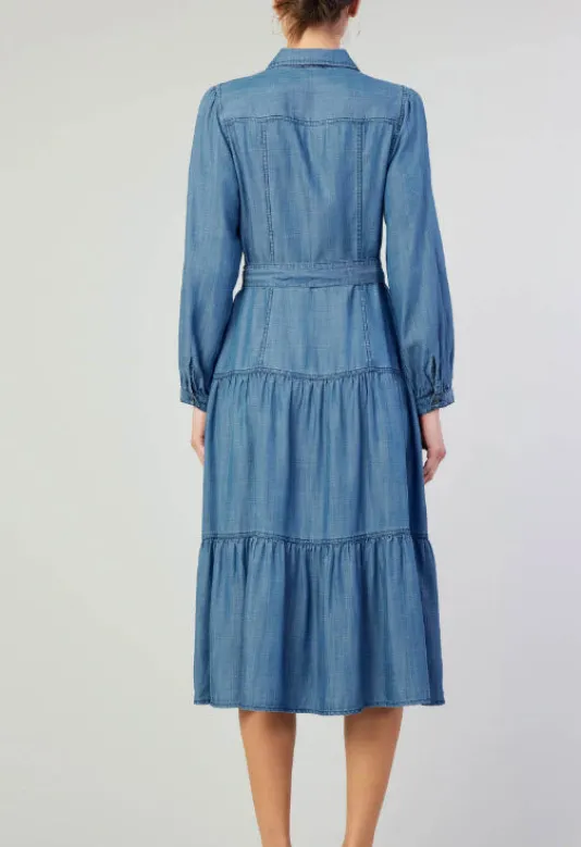 The Long Sleeve Button Front Midi Dress in Chambray