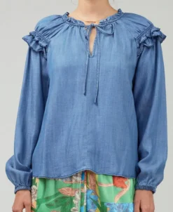 The Long Sleeve Split Neck Top in Chambray