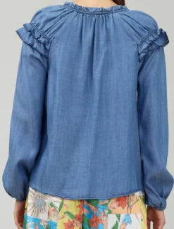 The Long Sleeve Split Neck Top in Chambray