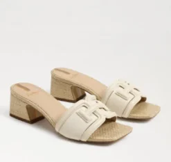 The Raffia & Leather Signature Block Heel Slide in Ivory