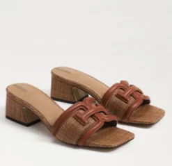 The Raffia & Leather Signature Block Heel Slide in Cognac