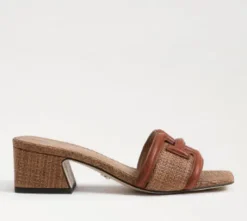 The Raffia & Leather Signature Block Heel Slide in Cognac