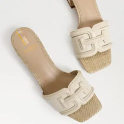 The Raffia & Leather Signature Block Heel Slide in Ivory