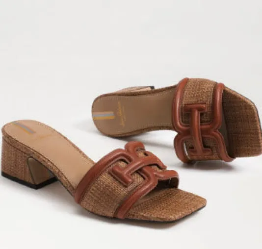 The Raffia & Leather Signature Block Heel Slide in Cognac