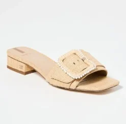 The Raffia Flat Sandal with Beaded Buckle in Bleachwood