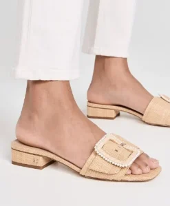 The Raffia Flat Sandal with Beaded Buckle in Bleachwood