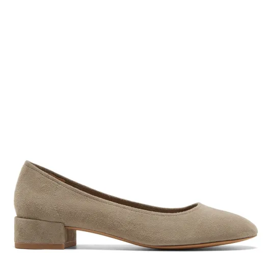 The Round Toe Classic Low Heel Pump in Taupe Suede