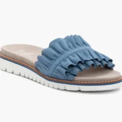 The Ruffle Comfort Slide Sandal in Cool Blue