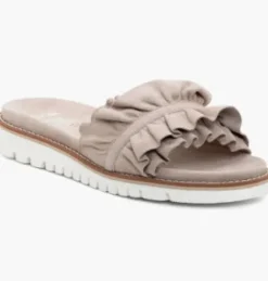 The Ruffle Comfort Slide Sandal in Sand