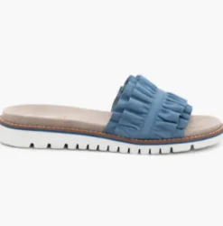 The Ruffle Comfort Slide Sandal in Cool Blue