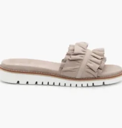 The Ruffle Comfort Slide Sandal in Sand