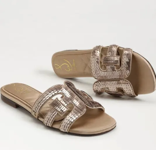 The Sequin Bay Slide Sandal in Molten Gold
