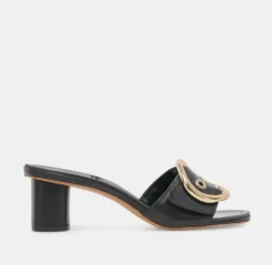 The Slide Sandal with Oversized Gold Buckle in Black