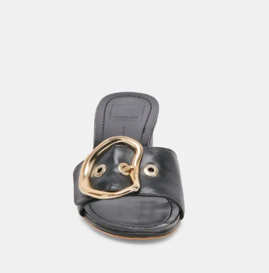 The Slide Sandal with Oversized Gold Buckle in Black