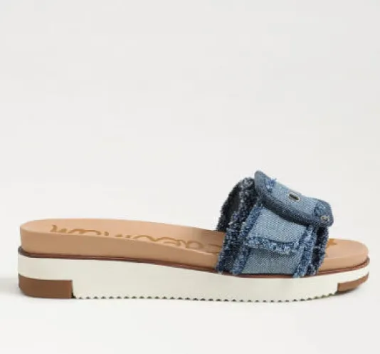 The Sport Slide with Buckle in Faded Denim