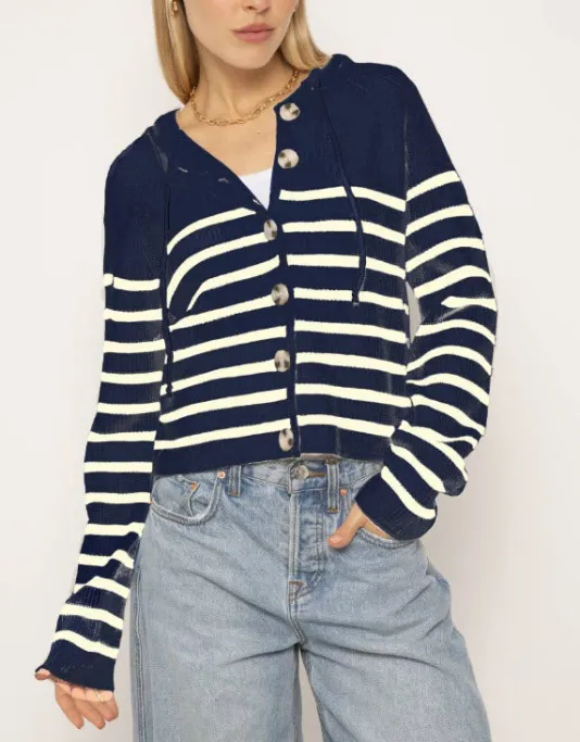 The Stripe Hooded Cardi in Navy White