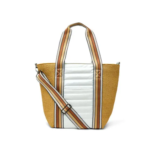 The Sunset Tote in Dune Raffia and White Patent