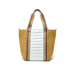 The Sunset Tote in Dune Raffia and White Patent