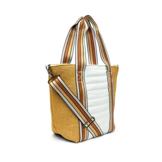 The Sunset Tote in Dune Raffia and White Patent