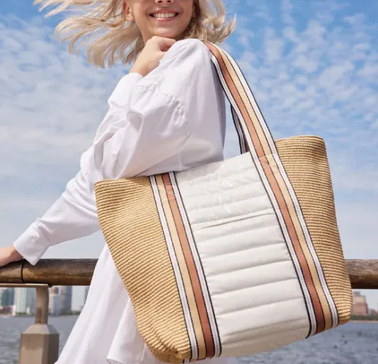 The Sunset Tote in Dune Raffia and White Patent